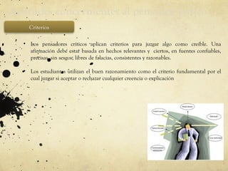 Actitudes concernientes al pensador crítico
Criterios
.
• Los pensadores críticos aplican criterios para juzgar algo como creíble. Una
afirmación debe estar basada en hechos relevantes y ciertos, en fuentes confiables,
precisas, sin sesgos, libres de falacias, consistentes y razonables.
• Los estudiantes utilizan el buen razonamiento como el criterio fundamental por el
cual juzgar si aceptar o rechazar cualquier creencia o explicación
 