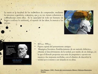 Desarrollo histórico de la razón
La razón es la facultad de los individuos de comprender, mediante
los procesos cognitivos, conceptos, que a su vez, tienen coherencia o
contradicción entre ellos. Es la capacidad de todo ser humano de
llegar a conocer lo universal,, el mundo de las ideas, la esencia y los
valores.
• 470 a.c. 399-a.c.
• Figura capital del pensamiento antiguo
• Mayéutica Socrática: Establecimiento de un método didáctico,
consiste al descubrimiento de la verdad, por medio de un dialogo, en
la que el filosofó proponía una serie de preguntas y oponía sus
reparos a las respuesta recibidas, con el objetivo de descubrir la
verdad por si mismo y ser alojada en su alma.
Juan Hessen. (1981).Teoría del conocimiento. México: Editores Mexicanos
Unidos.
 