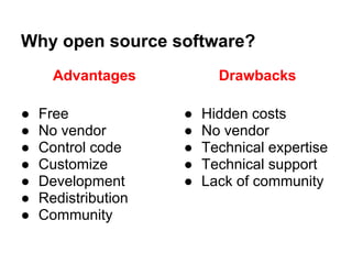 Why open source software?
      Advantages           Drawbacks

●   Free             ●   Hidden costs
●   No vendor        ●   No vendor
●   Control code     ●   Technical expertise
●   Customize        ●   Technical support
●   Development      ●   Lack of community
●   Redistribution
●   Community
 