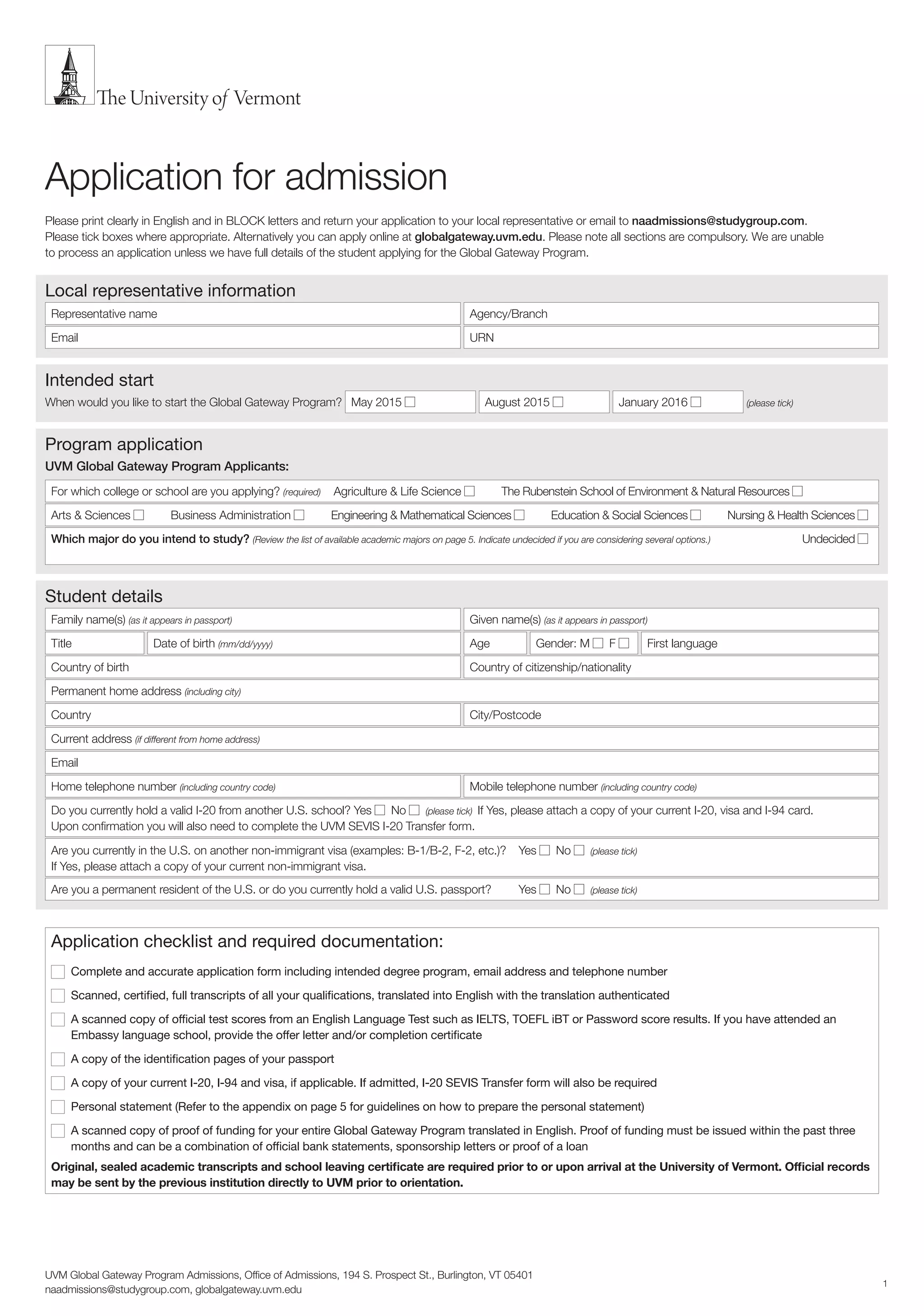 The University of Vermont application form PDF