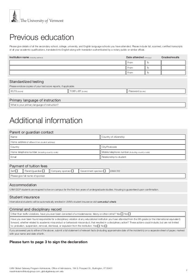 The University of Vermont application form