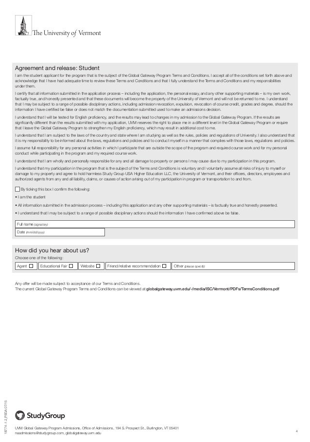 The University of Vermont application form