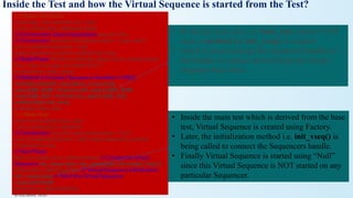 Inside the Test and how the Virtual Sequence is started from the Test?
///// Base Test Class
class base_test extends uvm_test;
`uvm_component_utils(base_test);
/// Environment Class Instantiation top_env Env;
/// Constructor function new (string name = "base_test",
uvm_component parent = null);
super.new(name, parent); endfunction: new
/// Build Phase function void build_phase (uvm_phase phase);
Env = top_env::type_id::create("Env");
endfunction: build_phase
/// Method to Connect Sequencer Handles in VSEQ
function void init_vseq (base_vseq vseq);
vseq.SQR_AHB = test.env.ahb_agent.SQR_AHB;
vseq.SQR_AXI = test.env.axi_agent.SQR_AXI;
endfunction: init_vseq
endclass: base_test
///// Main Test
class test extends base_test;
`uvm_component_utils(test)
/// Constructor function new (string name = "test",
uvm_component parent = null); super.new(name, parent);
endfunction: new
/// Run Phase
task run_phase (uvm_phase phase); /// Create the Virtual
Sequence my_vseq vseq = my_vseq::type_id::create("vseq");
phase.raise_objection(this); /// Virtual Sequence Initialization
init_vseq(vseq); /// Start the Virtual Sequence
vseq.start(null);
phase.drop_objection(this);
endclass: test
• In the test base class i.e. base_test, shown UVM
code, a method i.e. init_vseq() is created
• which is used to assign the sequencer handles to
the handles in classes derived from the virtual
sequence base class.
• Inside the main test which is derived from the base
test, Virtual Sequence is created using Factory.
• Later, the initialization method i.e. init_vseq() is
being called to connect the Sequencers handle.
• Finally Virtual Sequence is started using “Null”
since this Virtual Sequence is NOT started on any
particular Sequencer.
 