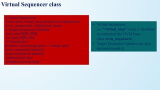 Virtual Sequencer class
// Virtual Sequencer
Class class virtual_seqr extend uvm_sequencer;
`uvm_component_utils(virtual_seqr)
// Target Sequencer Handles
ahb_seqr SQR_AHB;
axi_seqr SQR_AXI;
// Constructor
function new (string name = "virtual_seqr",
uvm_component parent);
super.new(name, parent);
endfunction: new
endclass: virtual_seqr
• Virtual Sequencer
i.e. “virtual_seqr” class is declared
by extended the UVM base
class uvm_sequencer.
• Target Sequencer handles are also
declared inside it.
 