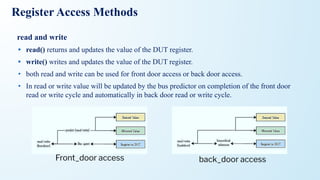 Register Access Methods
read and write
• read() returns and updates the value of the DUT register.
• write() writes and updates the value of the DUT register.
• both read and write can be used for front door access or back door access.
• In read or write value will be updated by the bus predictor on completion of the front door
read or write cycle and automatically in back door read or write cycle.
Front_door access back_door access
 
