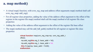 a. map method()
• A virtual map() function, with uvm_reg_map and address offset arguments map() method shall call
uvm_reg_map::add_reg()
• For all register class properties, adding the value of the address offset argument to the offset of the
register in the register file map() method shall call the map() method of all register file class
properties
• Adding the value of the address offset argument to the offset of the register file base offset
• The map() method may call the add_hdl_path() method for all register or register file class
properties
virtual function map(uvm_reg_map mp, uvm_reg_addr_t
offset);
mp.add_reg(this.reg_0, base_addr + 'h0);
mp.add_reg(this.reg_1, base_addr + 'h4;
this.rf.map(mp, base_addr + 'h100);
endfunction
 