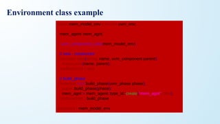 class mem_model_env extends uvm_env;
mem_agent mem_agnt;
`uvm_component_utils(mem_model_env)
// new - constructor
function new(string name, uvm_component parent);
super.new(name, parent);
endfunction : new
// build_phase
function void build_phase(uvm_phase phase);
super.build_phase(phase);
mem_agnt = mem_agent::type_id::create("mem_agnt", this);
endfunction : build_phase
endclass : mem_model_env
Environment class example
 