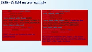 Utility & field macros example
class ABC extends uvm_object;
rand bit [15:0] m_addr;
rand bit [15:0] m_data;
`uvm_object_utils_begin(ABC)
`uvm_ﬁeld_int(m_addr, UVM_DEFAULT)
`uvm_ﬁeld_int(m_data, UVM_DEFAULT)
`uvm_object_utils_end
function new(string name = "ABC");
super.new(name); endfunction
endclass
//ﬁeld macros are invoked inside the
utility macros
class ABC extends uvm_object;
`uvm_object_utils(ABC)
rand bit [15:0] m_addr;
rand bit [15:0] m_data;
`uvm_ﬁeld_utils_begin(ABC) // error dis line
`uvm_ﬁeld_int(m_addr, UVM_DEFAULT)
`uvm_ﬁeld_int(m_data, UVM_DEFAULT)
`uvm_ﬁeld_utils_end
function new(string name = "ABC");
super.new(name); endfunction
endclass
Output:Error because uvm_object_utils macro
also calls uvm_ﬁeld_macros no need to deﬁne as
uvm_ﬁeld_utils_begin, its illegal
 
