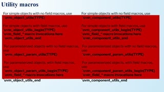 Utility macros
For simple objects with no ﬁeld macros, use
`uvm_object_utils(TYPE)
For simple objects with ﬁeld macros, use
`uvm_object_utils_begin(TYPE)
`uvm_ﬁeld_* macro invocations here
`uvm_object_utils_end
For parameterized objects with no ﬁeld macros,
use
`uvm_object_param_utils(TYPE)
For parameterized objects, with ﬁeld macros,
use
`uvm_object_param_utils_begin(TYPE)
`uvm_ﬁeld_* macro invocations here
`uvm_object_utils_end
For simple objects with no ﬁeld macros, use
`uvm_component_utils(TYPE)
For simple objects with ﬁeld macros, use
`uvm_component_utils_begin(TYPE)
`uvm_ﬁeld_* macro invocations here
`uvm_component_utils_end
For parameterized objects with no ﬁeld macros,
use
`uvm_component_param_utils(TYPE)
For parameterized objects, with ﬁeld macros,
use
`uvm_component_param_utils_begin(TYPE)
`uvm_ﬁeld_* macro invocations here
`uvm_component_utils_end
 