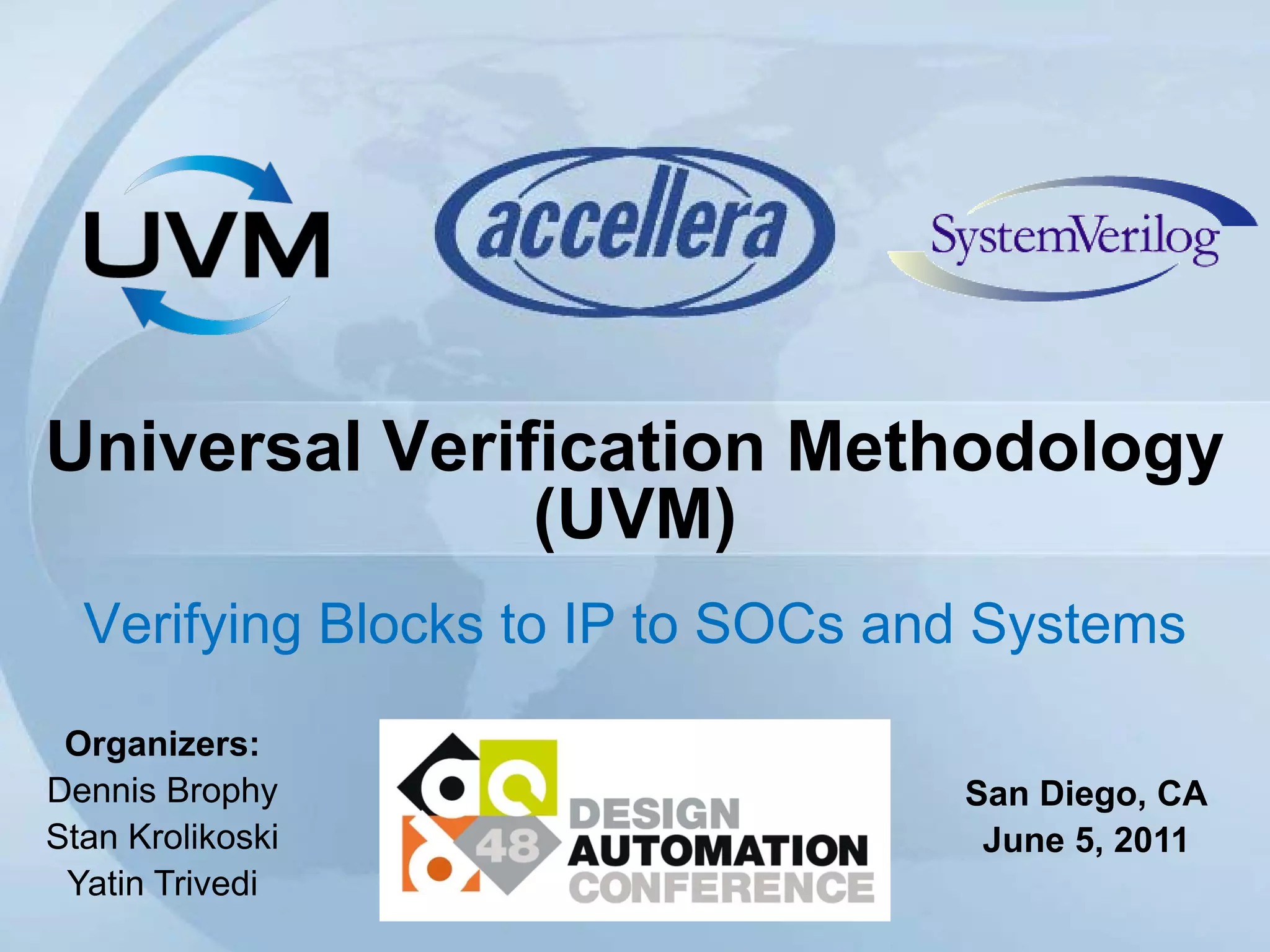 Universal Verification Methodology
(UVM)
Verifying Blocks to IP to SOCs and Systems
Organizers:
Dennis Brophy
Stan Krolikoski
Yatin Trivedi
San Diego, CA
June 5, 2011
 