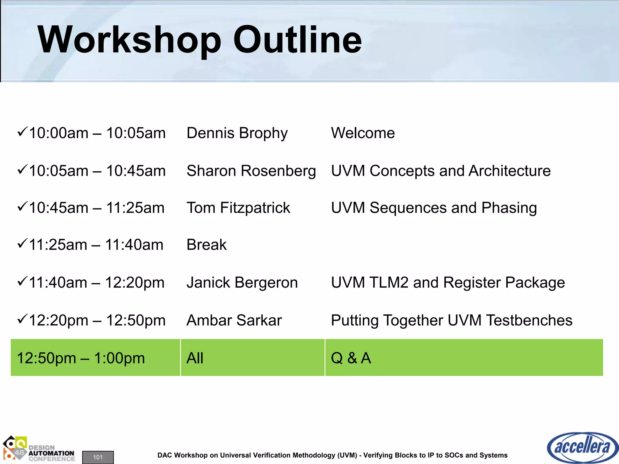 101 DAC Workshop on Universal Verification Methodology (UVM) - Verifying Blocks to IP to SOCs and Systems
Workshop Outline
10:00am – 10:05am Dennis Brophy Welcome
10:05am – 10:45am Sharon Rosenberg UVM Concepts and Architecture
10:45am – 11:25am Tom Fitzpatrick UVM Sequences and Phasing
11:25am – 11:40am Break
11:40am – 12:20pm Janick Bergeron UVM TLM2 and Register Package
12:20pm – 12:50pm Ambar Sarkar Putting Together UVM Testbenches
12:50pm – 1:00pm All Q & A
 