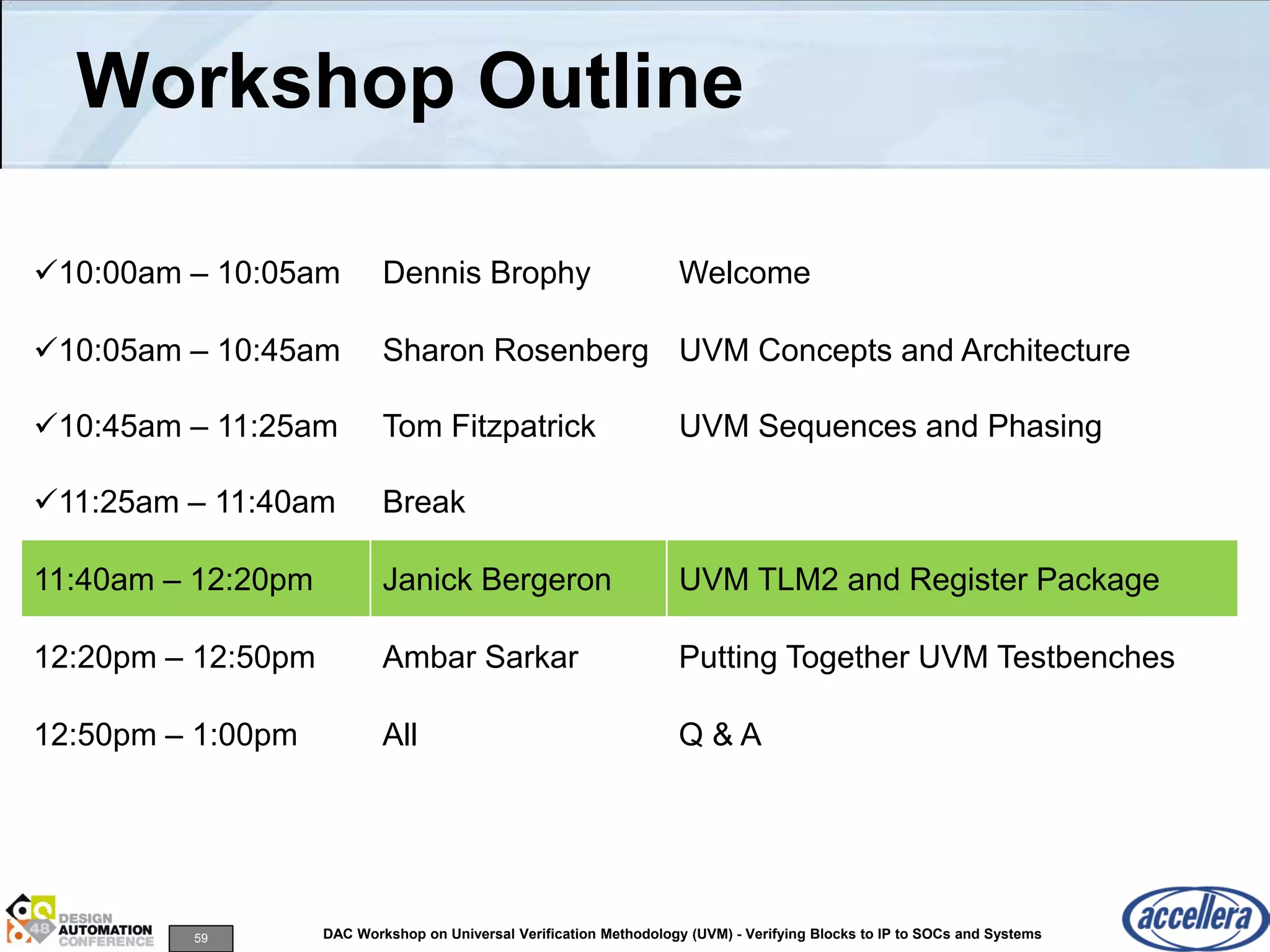 59 DAC Workshop on Universal Verification Methodology (UVM) - Verifying Blocks to IP to SOCs and Systems
Workshop Outline
10:00am – 10:05am Dennis Brophy Welcome
10:05am – 10:45am Sharon Rosenberg UVM Concepts and Architecture
10:45am – 11:25am Tom Fitzpatrick UVM Sequences and Phasing
11:25am – 11:40am Break
11:40am – 12:20pm Janick Bergeron UVM TLM2 and Register Package
12:20pm – 12:50pm Ambar Sarkar Putting Together UVM Testbenches
12:50pm – 1:00pm All Q & A
 