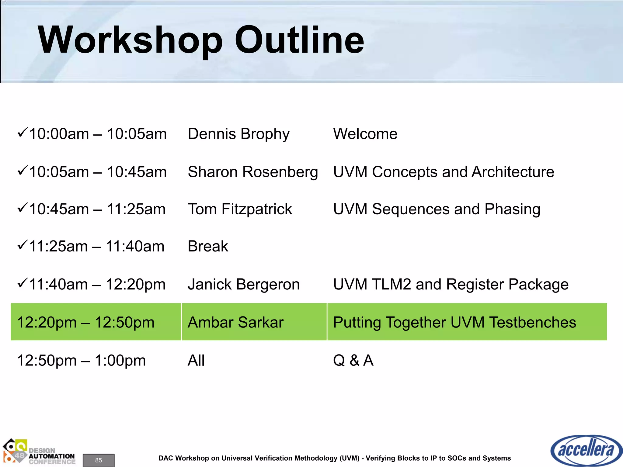85 DAC Workshop on Universal Verification Methodology (UVM) - Verifying Blocks to IP to SOCs and Systems
Workshop Outline
10:00am – 10:05am Dennis Brophy Welcome
10:05am – 10:45am Sharon Rosenberg UVM Concepts and Architecture
10:45am – 11:25am Tom Fitzpatrick UVM Sequences and Phasing
11:25am – 11:40am Break
11:40am – 12:20pm Janick Bergeron UVM TLM2 and Register Package
12:20pm – 12:50pm Ambar Sarkar Putting Together UVM Testbenches
12:50pm – 1:00pm All Q & A
 