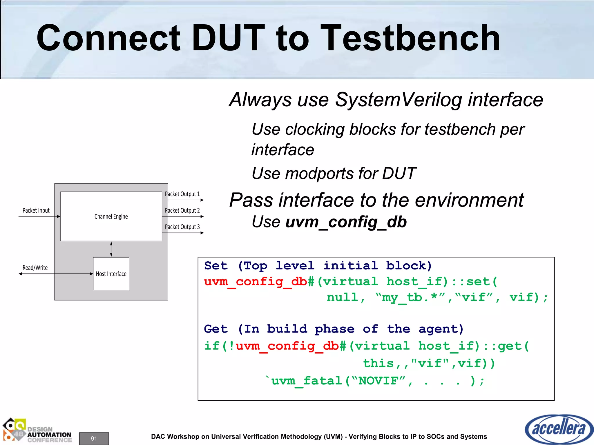 91 DAC Workshop on Universal Verification Methodology (UVM) - Verifying Blocks to IP to SOCs and Systems
Connect DUT to Testbench
Always use SystemVerilog interface
Use clocking blocks for testbench per
interface
Use modports for DUT
Pass interface to the environment
Use uvm_config_db
Channel Engine
Host Interface
Read/Write
Packet Input
Packet Output 1
Packet Output 3
Packet Output 2
Set (Top level initial block)
uvm_config_db#(virtual host_if)::set(
null, “my_tb.*”,“vif”, vif);
Get (In build phase of the agent)
if(!uvm_config_db#(virtual host_if)::get(
this,,"vif",vif))
`uvm_fatal(“NOVIF”, . . . );
 