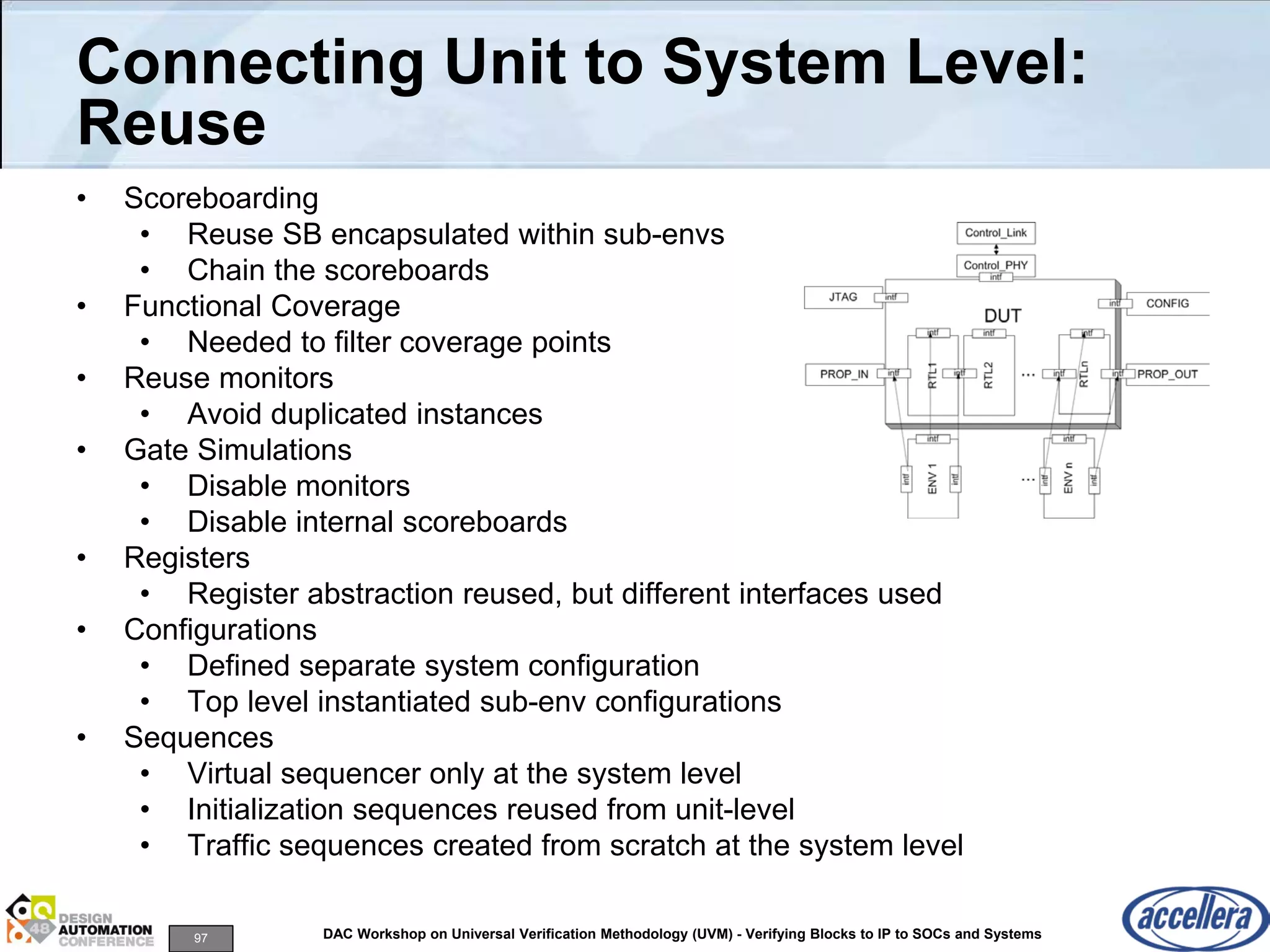 97 DAC Workshop on Universal Verification Methodology (UVM) - Verifying Blocks to IP to SOCs and Systems
• Scoreboarding
• Reuse SB encapsulated within sub-envs
• Chain the scoreboards
• Functional Coverage
• Needed to filter coverage points
• Reuse monitors
• Avoid duplicated instances
• Gate Simulations
• Disable monitors
• Disable internal scoreboards
• Registers
• Register abstraction reused, but different interfaces used
• Configurations
• Defined separate system configuration
• Top level instantiated sub-env configurations
• Sequences
• Virtual sequencer only at the system level
• Initialization sequences reused from unit-level
• Traffic sequences created from scratch at the system level
Connecting Unit to System Level:
Reuse
 