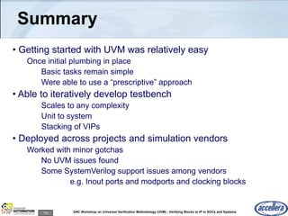 100 DAC Workshop on Universal Verification Methodology (UVM) - Verifying Blocks to IP to SOCs and Systems
Summary
• Getting started with UVM was relatively easy
Once initial plumbing in place
Basic tasks remain simple
Were able to use a “prescriptive” approach
• Able to iteratively develop testbench
Scales to any complexity
Unit to system
Stacking of VIPs
• Deployed across projects and simulation vendors
Worked with minor gotchas
No UVM issues found
Some SystemVerilog support issues among vendors
e.g. Inout ports and modports and clocking blocks
 
