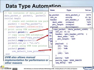 15 DAC Workshop on Universal Verification Methodology (UVM) - Verifying Blocks to IP to SOCs and Systems
// two instances of data_packet_c
data_packet_c packet1, packet2;
initial begin
// create and randomize new packet
packet1 = new(“my_packet”);
assert(packet1.randomize());
// print using UVM automation
packet1.print();
// copy using UVM automation
packet2 = new(“copy_packet”);
packet2.copy(packet1));
packet2.rev_no = “v1.1s”;
// print using UVM tree printer
packet2.print(
uvm_default_tree_printer);
end
Data Type Automation---------------------------------------
Name Type Value
---------------------------------------
my_packet data_packet_c @479
rev_no string v1.1p
header pkt_header_c @520
dest_addr integral 'h25
pkt_length integral 'd29
payload da(integral) -
[0] integral 'h2a
[1] integral 'hdb
... ... ...
[28] integral 'h21
parity integral 'hd9
parity_type parity_e GOOD_PARITY
ipg_delay integral 'd20
---------------------------------------
copy(): Copies all fields of packet1
to packet2, including sub-classes
and arrays
UVM also allows manual
implementation for performance or
other reasons
copy_packet: (data_packet_c@489) {
rev_no: v1.1s
header: (pkt_header_c@576) {
dest_addr: 'h25
pkt_length: 'd29
}
payload: {
[0]: 'h2a
[1]: 'hdb
... ...
[28]: 'h21
}
parity: 'hd9
parity_type: GOOD_PARITY
ipg_delay: 'd20
}
 