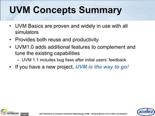 28 DAC Workshop on Universal Verification Methodology (UVM) - Verifying Blocks to IP to SOCs and Systems
UVM Concepts Summary
• UVM Basics are proven and widely in use with all
simulators
• Provides both reuse and productivity
• UVM1.0 adds additional features to complement and
tune the existing capabilities
– UVM 1.1 includes bug fixes after initial users’ feedback
• If you have a new project, UVM is the way to go!
 