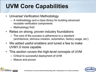 5 DAC Workshop on Universal Verification Methodology (UVM) - Verifying Blocks to IP to SOCs and Systems
UVM Core Capabilities
• Universal Verification Methodology
– A methodology and a class library for building advanced
reusable verification components
– Methodology first!
• Relies on strong, proven industry foundations
– The core of the success is adherence to a standard
(architecture, stimulus creation, automation, factory usage, etc’)
• We added useful enablers and tuned a few to make
UVM1.0 more capable
• This section covers the high-level concepts of UVM
– Critical to successful deployment of UVM
– Mature and proven
 