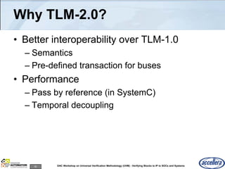 62 DAC Workshop on Universal Verification Methodology (UVM) - Verifying Blocks to IP to SOCs and Systems
Why TLM-2.0?
• Better interoperability over TLM-1.0
– Semantics
– Pre-defined transaction for buses
• Performance
– Pass by reference (in SystemC)
– Temporal decoupling
 