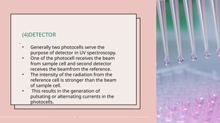 .
20
(4)DETECTOR
• Generally two photocells serve the
purpose of detector in UV spectroscopy.
• One of the photocell receives the beam
from sample cell and second detector
receives the beamfrom the reference.
• The intensity of the radiation from the
reference cell is stronger than the beam
of sample cell.
• This results in the generation of
pulsating or alternating currents in the
photocells.
 