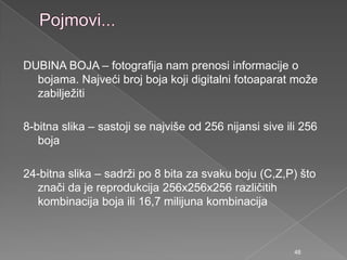DUBINA BOJA – fotografija nam prenosi informacije o
bojama. Najveći broj boja koji digitalni fotoaparat moţe
zabiljeţiti
8-bitna slika – sastoji se najviše od 256 nijansi sive ili 256
boja
24-bitna slika – sadrţi po 8 bita za svaku boju (C,Z,P) što
znači da je reprodukcija 256x256x256 različitih
kombinacija boja ili 16,7 milijuna kombinacija
48
 
