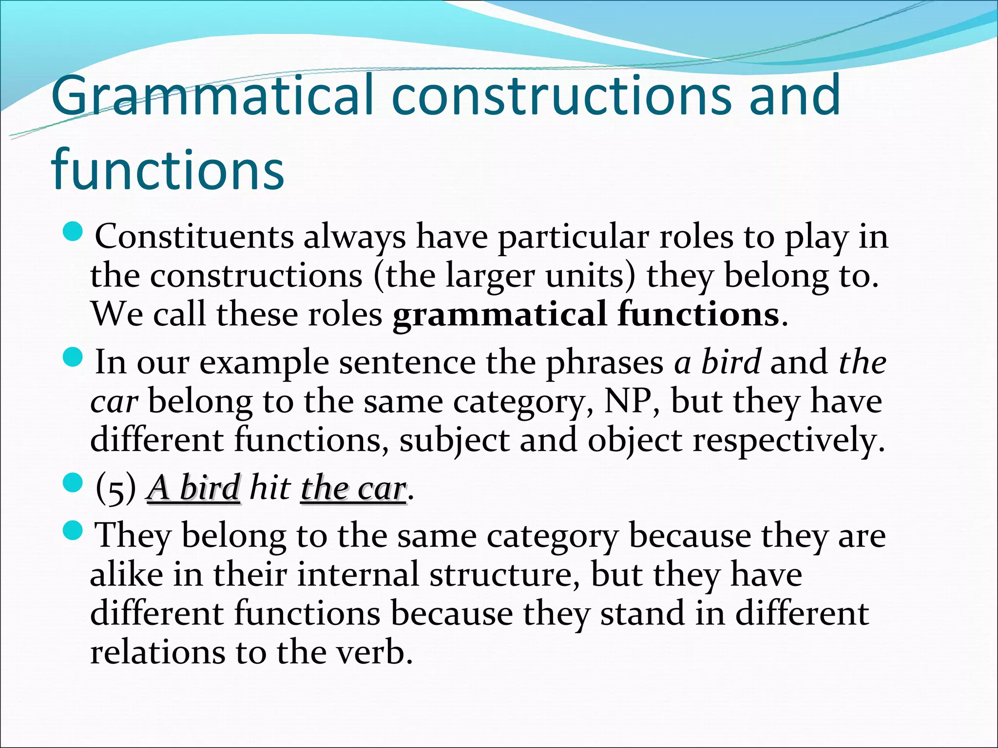 Grammatical constructions and
functions
Constituents always have particular roles to play in
 the constructions (the larger units) they belong to.
 We call these roles grammatical functions.
In our example sentence the phrases a bird and the
 car belong to the same category, NP, but they have
 different functions, subject and object respectively.
(5) A bird hit the car.
                    car
They belong to the same category because they are
 alike in their internal structure, but they have
 different functions because they stand in different
 relations to the verb.
 