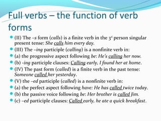 Full verbs – the function of verb
forms
(II) The –s form (calls) is a finite verb in the 3rd person singular
 present tense: She calls him every day.
(III) The –ing participle (calling) is a nonfinite verb in:
(a) the progressive aspect following be: He’s calling her now.
(b) -ing participle clauses: Calling early, I found her at home.
(IV) The past form (called) is a finite verb in the past tense:
 Someone called her yesterday.
(V) the –ed participle (called) is a nonfinite verb in:
(a) the perfect aspect following have: He has called twice today.
(b) the passive voice following be: Her brother is called Jim.
(c) –ed participle clauses: Called early, he ate a quick breakfast.
 