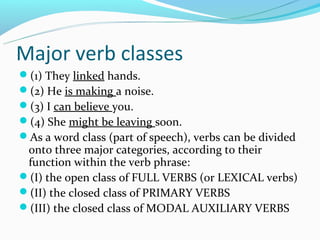 Major verb classes
(1) They linked hands.
(2) He is making a noise.
(3) I can believe you.
(4) She might be leaving soon.
As a word class (part of speech), verbs can be divided
 onto three major categories, according to their
 function within the verb phrase:
(I) the open class of FULL VERBS (or LEXICAL verbs)
(II) the closed class of PRIMARY VERBS
(III) the closed class of MODAL AUXILIARY VERBS
 