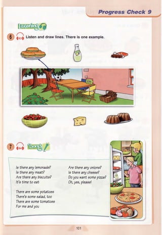 Progress Gheck 9
@ Listenanddrawlines.Thereis oneexample.
l,ryircxl{A5}
tloslf
CA E"f
ls thereanylemonade?
Isthereanymeat?
Arethereanybiecuita?
It'atimeto eat
Thereareoomepotatoea
There's6omeaalad,too
Therearooometomatoes
Formeandyou
Arethereanyoniono?
Iathereanycheeoe?
Doyouwantsomepizza?
0h,yeo,pleaoe!
101
 