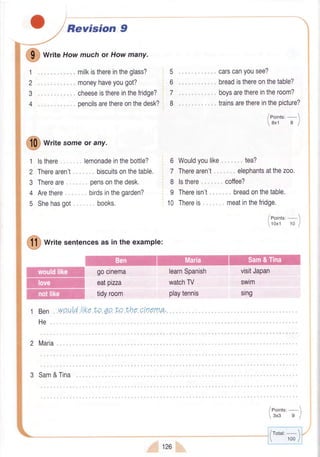 #
writesomeor any.
1
2
3
4
5
lsthere.
Therearen't
Thereare ,
Arethere
Shehasgot
lemonadeinthebottle?
,,. biscuitsonthetable.
pensonthedesk.
birdsinthegarden?
books,
W
*r,, e How muchor How many.
:i
5
6
7
I
1
2
3
4
Revision 9
milkisthereintheglass?
moneyhaveyougot?
cheeseisthereinthefridge?
pencilsarethereonthedesk?
carscanyousee?
breadisthereonthetable?
boysarethereintheroom?
trainsarethereinthepicture?
/eoints:-
Bx1 I )
,..,tea?
. . . elephantsatthezoo.
coffee?
breadonthetable,
meatinthefridge.
/eoints:-
10x1 10 I
6 Wouldyoulike
7 Therearen't, ,
8 lsthere,,
9 Thereisn't
10 Thereis ,
@
wtite sentencesasintheexample:
WrcE"tr.iEr;rfrtEq
gocinema learnSpanish
ealpizza watchTV
tidyroom playtennis
to qo,Lo thO,cinerfta,
visitJapan
swim
sing
1 Ben wouldlike
He
2 Maria
/eoints:-
3x3 I I
r;=1l 1oo/l
3 Sam&Tina
126
 