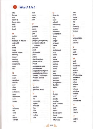 O Word List
let's
library
lion
listento
livingroom
long
lorry
lunch
M
match
May
mice(plol mouse)
midnight
milk
mine
miss
mobllephone
Monday
money
monkey
morning
motorbike
mum
my
N
name
near
negative
nextto
new
night
noon
notebook
noun
November
now
nurse
o
octopus
old
olive
on
onion
ostrich
our
ours
over
owl
P
parents
park
parrot
pen
pencil
penguin
people(plofperson)
personalsubject
pronoun
picture
pilot
pineapple
pizza
plane
pluralnumber
policeotficer
Polish
possessivecase
possessives
prepositionsofplace
prepositionsoftime
PresentContinuous
PresentSimple
progress
o
question
questionwords
R
rabbit
red
remember
repeat
revision
rich
ride
room
routine
ruler
S
Saturday
say
scarf
school
: schoolbag
sea
r S0?SOll
sentence
September
shoes
, sing
singer
singular
sister
sit
skateboard
skip
snake
sofa
some
Spanish
: spring
: stamp
stand
start
stop
strawberry
student
summer
sunglasses
Sunday
swim
T
T-shirt
tail
talkto
teacher
that- those
theatre
their
theirs
thereis/are
think
this- these
Thursday
128
tidy
tired
today
torch
toy
try
Tuesday
Turkish
twelve
U
uncountable
under
usually
V
vase
visit
I vowel
w
, wall
; walk
, wardrobe
wash
watch
water
i Wednesday
weekend
what
when
where
who
whose
window
winter
wolf
, work
wouldlike
iY
: year
your
yours
z
zebra
zoo
 