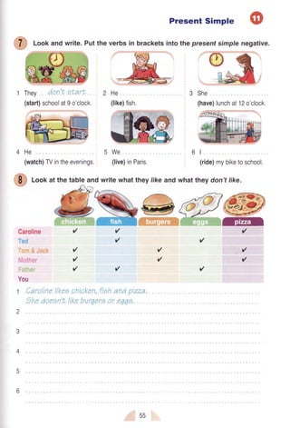 Present Simple
6l
(ride)mybiketoschool,
@
Lookat the tableand writewhattheylike and whattheydon't like.
d,5)^,-l-'=-
g=e - --F&'fft G)
Caroline
:*ff
'',:+: l-::::,
r'
r'
r'
r'
r'
t/
r'
r'
r'
r'
fl Lookand write.Putthe verbs in bracketsintothepresent simplenegative.
K,They don't 5ru2r+t
(start)schoolat9o'clock.
4He
(watch)TVintheevenings.
You
I Caroiirieti<ecciiiaken,i'it:han,1ptzza,
'cl'ieacterrr",'trliKebiir4ere or eqq9,
z
e
4
6
6
He
(like)fish.
5We
(live)inParis.
(have)lunchat12o'clock.
,e-Ho j)
55
 