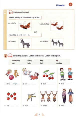 Plurals o
ilozliListenandrePeat.
Nounsendingin:consonant+ y + -ies ,
onebutterfryW twobutterflies
ry1kr
onedonkey
C G Writetheplurals.Listenandcheck.Listenandrepeat.
BUT
vowel(a,e,o, u) + y -r -s.
strawberry cherry key
boy baby lady
1 three f,oYe 2 two
twodonkeys
aU
tey
monkey
q& ^c7 qa7/t .3 ffi trxF
--7'
- -
'!Jt 5LE
3 four 4 two
8n3
5 five.
ffi€6 four 8 two
 