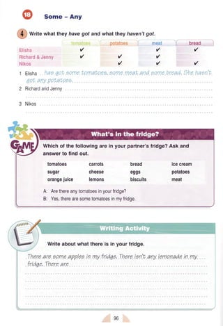 Some - Any
ffi
*r,,e whattheyhavegotandwhattheyhaven'tgot.
Elisha
Richard&Jenny
Nikos
1 Elisha.,haeaaApanatprn"af,pe,e,.e.emQ,meaI;and.eame,broa.d..?ho-haen't.
.qof,ary"potabaee
2 RichardandJenny
3 Nikos
potatoes i meat I bread I
r'r'r'
r'r'r'
r'r'r'
Whichof the followingare in your partner'sfridge?Ask and
answerto find out.
tomatoes carrots bread
sugar cheese eggs
orangejuice lemons biscuits meat
icecream
potatoes
Arethereanytomatoesinyourfridge?
Yes,therearesometomatoesinmyfridge.
e Writeaboutwhatthereis in your fridge.
,There.are,eern.aaF?,loe"!n.my.tridae,.TheretEdt .any,lemonadein.my.
frrdAo,Thoreare,
 