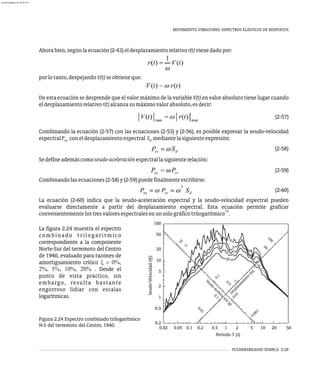 VULNERABILIDAD SÍSMICA 2-29
MOVIMIENTO VIBRATORIO. ESPECTROS ELÁSTICOS DE RESPUESTA
Período T (s)
0.1
20
10 5
2
0
in
s
Seudo-Velocidad
(
)
1
0.0
i
D
e
s
p
l
a
z
a
m
e
n
t
o
(
i
n
)
0.02
0.5
0.2
1
0
.
0
0.001
0.2 0.5
0.1
0.05 1 50
20
10
5
2
5
0
1
0
1
0
0
5
0
1
.
5
0
1
1
.
0
50
100
10
20
1
2
5
u
d
-
c
e
r
ó
n
S
e
o
A
l
e
a
c
i
(
g
)
Figura 2.24 Espectro combinado trilogarítmico
N-S del terremoto del Centro, 1940.
Ahorabien,segúnlaecuación(2-43)eldesplazamientorelativor(t)vienedadopor:
porlotanto,despejandoV(t)seobtieneque:
De esta ecuación se desprende que el valor máximo de la variable V(t) en valor absoluto tiene lugar cuando
eldesplazamientorelativor(t)alcanzasumáximovalorabsoluto,esdecir:
(2-57)
Combinando la ecuación (2-57) con las ecuaciones (2-53) y (2-56), es posible expresar la seudo-velocidad
espectralP coneldesplazamientoespectral S mediantelasiguienteexpresión:
sv d
(2-58)
Sedefineademáscomoseudo-aceleraciónespectrallasiguienterelación:
(2-59)
Combinandolasecuaciones(2-58)y(2-59)puedefinalmenteescribirse:
(2-60)
La ecuación (2-60) indica que la seudo-aceleración espectral y la seudo-velocidad espectral pueden
evaluarse directamente a partir del desplazamiento espectral. Esta ecuación permite graficar
13
solo
convenientementelostresvaloresespectralesenun gráficotrilogarítmico .
La figura 2.24 muestra el espectro
combinado trilogarítmico
correspondiente a la componente
Norte-Sur del terremoto del Centro
de 1940, evaluado para razones de
amortiguamiento crítico x = 0%,
2%, 5%, 10%, 20% . Desde el
punto de vista práctico, sin
embargo, resulta bastante
engorroso lidiar con escalas
logarítmicas.
almanperez@gmail.com 26 Mar 2017
 