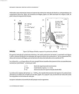 Solución:
El espectro reducido de aceleración absoluta o de seudo aceleración de diseño A mostrado en la figura
d
2.29b se obtiene las ordenadas del espectro elástico de aceleración,S , de la componente N-S,
dividiendo a
Akita, delterremotode Niigata, porlosfactores de reducción indicadosen la ecuación (2-77):
Los valores de a, j y R para efectos de este ejemplo fueron tomados directamente de las recomendaciones
17
normativasvenezolanas ,ytienenporvalor:
a=1 Factordeimportanciadelaestructura
j=0,8 Sueloblando,espesor, h>15m
R=2 EstructuradeacerotipoIV,niveldediseñoND3
La aceleración máxima del terreno, A = 0.095 g, fue tomada directamente del registro de aceleraciones
d
obtenido en el edificio de la Prefectura de Akita, Japón. En cualquier caso, los factores de reducción serán
losestipuladosenlasnormasdecadapaís.
Lospasosutilizadosenlaresolucióndelejemplosonlossiguientes:
MOVIMIENTO VIBRATORIO. ESPECTROS ELÁSTICOS DE RESPUESTA
2-36 VULNERABILIDAD SÍSMICA
Utilizando como solicitación sísmica el espectro de aceleración reducido de diseño A correspondiente a la
d
componente Norte-Sur, Akita, del terremoto de Niigata, Japón, de 1964 mostrado en la figura 2.29b. Se
pideevaluarlarespuestadelsistema.
Figura 2.29 Tanque elevado y espectro de aceleración utilizado.
(a)
H
H= 6 m
Ejemplo 1
d=16.8 cm
d=27.3 cm
Ejemplo 2
W= 5000 kgf
E= 2.1X10 kgf/cm
6 2
4
I=10600 cm
4
I=1690 cm
d
W
Ao=0.095g
Espectro elástico
Dist. Epic.=165km
Tp = 0.75 s
N-S Akita 1964
Magnitud=7.5
0.0204
x=5%
Espectro reducido
de diseño (a=1
j=0.8 R=2)
(b)
Período T (s)
0.807
2.02
1
0 2 3 4
Aceleración
Espectral
Sa
(g)
0.121
0
0.4
0.3
0.2
0.1
A = r
0 g máx
almanperez@gmail.com 26 Mar 2017
 
