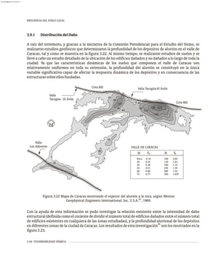 INFLUENCIA DEL SUELO LOCAL
3-24 VULNERABILIDAD SÍSMICA
3.9.1 DistribucióndelDaño
A raíz del terremoto, y gracias a la iniciativa de la Comisión Presidencial para el Estudio del Sismo, se
realizaron estudios geofísicos que determinaron la profundidad de los depósitos de aluvión en el valle de
Caracas, tal y como se muestra en la figura 3.22. Al mismo tiempo, se realizaron estudios de suelos y se
llevó a cabo un estudio detallado de la ubicación de los edificios dañados y no dañados a lo largo de toda la
ciudad. Ya que las características dinámicas de los suelos que componen el valle de Caracas son
relativamente uniformes en toda su extensión, la profundidad del aluvión se constituyó en la única
variable significativa capaz de afectar la respuesta dinámica de los depósitos y en consecuencia de las
estructurassobreellosfundadas.
Roca 0.18
20 0.32
30 0.38
45 0.51
60 0.66
75 0.77
100 0.89
130 1.03
180 1.19
230 1.39
280 1.53
300 1.655
H T
VALLE DE CARACAS
H T
s s
Falla
Tacagüa - El Ávila
Falla Tacagüa-El Ávila
Falla
Las Adjuntas
Cota Mil
Cota Mil
0
45
90
120
230
0
0
45
0
0
20
120
90
0
45
45
45
45
45
90
0
0
0
0
0
0
0
160
Figura 3.22 Mapa de Caracas mostrando el espesor del aluvión a la roca, según Weston
25
Geophysical Engineers International, Inc. U.S.A. , 1969.
Con la ayuda de esta información se pudo investigar la relación existente entre la intensidad de daño
estructural (definidacomo el cociente de dividirel número total de edificios dañados entre el número total
de edificios existentes en cualquiera de las zonas estudiadas), y la profundidad aluvional de los depósitos
26
en diferentes zonas de la ciudad de Caracas. Los resultados de esta investigación son los mostrados en la
figura3.23.
almanperez@gmail.com 26 Mar 2017
 