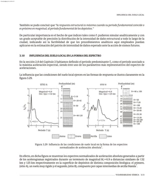 INFLUENCIA DEL SUELO LOCAL
VULNERABILIDAD SÍSMICA 3-31
También se pudo concluir que “la respuesta estructural es máxima cuando su período fundamental coincide o
espróximoenmagnitud,alperíodofundamentaldelosdepósitos.”
De particular importancia es el hecho de que índices tales como F pudieron simular analíticamente y con
r
un grado aceptable de precisión la distribución de la intensidad de daño estructural a todo lo largo de la
ciudad, indicando así la factibilidad de que los procedimientos analíticos aquí empleados puedan
aplicarseenlaestimacióndelpatróndeintensidaddedañosesperadoantelaaccióndesismosfuturos.
3.10 INFLUENCIADELSUELOLOCALENLAFORMADELESPECTRO
En la sección 2.8 del Capítulo 2 habíamos definido el período predominante como el período asociado a
la máxima aceleración espectral, siendo éste uno de los parámetros más representativos del espectro de
aceleraciones.
La influencia que las condiciones del suelo local ejercen en las formas de respuesta se ilustra claramente en la
figura3.29.
Tp
Figura 3.29 Influencia de las condiciones de suelo local en la forma de los espectros
7
normalizados de aceleración absoluta .
En efecto, en dicha figura se muestran los espectros normalizados de aceleración absoluta generados a partir
de los acelerogramas registrados durante un terremoto de magnitud M =6.9 a distancias similares de 132
s
km y 125 km respectivamente en la superficie de depósitos de distinta composición litológica: el primero,
7
(sitioA),unsuelomuyrígidoyelsegundo,(sitioB),compuestoporcapasintermediasdearcillablanda .
Magnitud=6.9
Dist. Epic=132 km
Magnitud=6.9
Dist. Epic=125 km
SITIO A
T =0.3 s
p
14
22
24
31
SITIO B
54
53
51
47
40
34
31
26
22
19
14
T =1.3 s
p
Profundidad (m)
0
Profundidad (m)
0
1
7
11
1
0
0
1
2
3
5
4
2 3 4 1
0
0
1
2
3
5
4
2 3 4
N>50
N=20-45
N=3-18
N=40-120
N=50
N=7-20
N>100
N=15-20
N>100
N=30-40
N=25-30
N=15-20
N=20-30
N=70-100
N=80 a 100
Período T (s) Período T (s)
Arena Grava Arcilla Limo
a
0
S
A
a
0
S
A
almanperez@gmail.com 26 Mar 2017
 