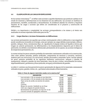 DESCRIPCIÓN
Losa nervada e=20 cm armada en una dirección
Losa nervada e=25 cm armada en dos direcciones
Tejas curvas de arcilla con mortero de asiento
Arena
Cemento
Bloque de concreto 15x20x40 cm sin frisar
Cielo raso colgante de paneles livianos
Revestimiento de porcelana con base de 1,5 cm
Concreto armado de agregados ordinarios
PESO
270,00
375,00
100,00
1.600,00
1.200,00
210,00
20,00
40,00
2.500,00
UNIDAD
2
Kgf/m
2
Kgf/m
2
Kgf/m
3
Kgf/m
3
Kgf/m
2
Kgf/m
2
Kgf/m
2
Kgf/m
3
Kgf/m
3
Tabla 4.1 Pesos de algunos materiales usados en la construcción
FUNDAMENTOS DEL ANÁLISIS Y DISEÑO ESTRUCTURAL
4-8 VULNERABILIDAD SÍSMICA
4.4 CLASIFICACIÓNDELASCARGASENEDIFICACIONES
2,3
En las normas venezolanas , se define como acciones a aquellos fenómenos que producen cambios en el
estado de tensiones y deformaciones en los elementos de una edificación. Las acciones se clasifican en
permanentes, variables, accidentales y extraordinarias. Se establecen además los criterios y requisitos
mínimos de las cargas o acciones que deben ser consideradas en el proyecto y construcción de
edificaciones.
Debido a su importancia y complejidad, las acciones correspondientes a los sismos y al viento son
4,5
analizadasennormasseparadaselaboradasparaesefin.
4.4.1 Cargas Muertas o Acciones Permanentes en Edificaciones
Las acciones permanentes son aquellas que actúan continuamente sobre la edificación y cuya magnitud
puede considerarse invariable en el tiempo, como por ejemplo, las cargas debidas al peso propio, rellenos,
paredes, tabiques, frisos, instalaciones fijas, etc. Igualmente el empuje estático de líquidos y tierras que
tengan un carácter permanente, las deformaciones y los desplazamientos impuestos por el efecto de
pretensión, los debidos a movimientos diferenciales permanentes de los apoyos, las acciones reológicas y
detemperaturapermanentes,etc.
La norma incluye los pesos unitarios probables de materiales comúnmente utilizados en la construcción,
tales como: piedras naturales, piedras artificiales, componentes de morteros y concretos, morteros,
maderas para uso estructural y no estructural, metales procesados y materiales varios. Incluye además
los pesos unitarios probables de los siguientes elementos constructivos: tabiques y paredes de
mampostería, tabiques y paredes de otros materiales, losas de piso y techos, revestimientos de techos,
impermeabilizantes,pavimentosyfrisos(enlucido,revoque)yrevestimientodeparedes.
La tabla 4.1 contiene una lista parcial de los pesos aproximados de algunos de los materiales comúnmente
utilizadosenpisos,paredes,techos,etc.,quehemosseleccionadoatítuloilustrativo.
almanperez@gmail.com 26 Mar 2017
 
