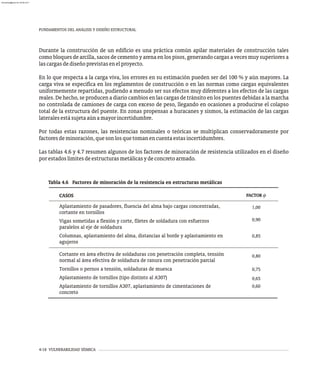 FUNDAMENTOS DEL ANÁLISIS Y DISEÑO ESTRUCTURAL
4-18 VULNERABILIDAD SÍSMICA
Durante la construcción de un edificio es una práctica común apilar materiales de construcción tales
como bloques de arcilla, sacos de cemento y arena en los pisos, generando cargas a veces muy superiores a
lascargasdediseñoprevistasenelproyecto.
En lo que respecta a la carga viva, los errores en su estimación pueden ser del 100 % y aún mayores. La
carga viva se especifica en los reglamentos de construcción o en las normas como cargas equivalentes
uniformemente repartidas, pudiendo a menudo ser sus efectos muy diferentes a los efectos de las cargas
reales. De hecho, se producen a diario cambios en las cargas de tránsito en los puentes debidas a la marcha
no controlada de camiones de carga con exceso de peso, llegando en ocasiones a producirse el colapso
total de la estructura del puente. En zonas propensas a huracanes y sismos, la estimación de las cargas
lateralesestásujetaaúnamayorincertidumbre.
Por todas estas razones, las resistencias nominales o teóricas se multiplican conservadoramente por
factoresdeminoración,quesonlosquetomanencuentaestasincertidumbres.
Las tablas 4.6 y 4.7 resumen algunos de los factores de minoración de resistencia utilizados en el diseño
porestadoslímitesdeestructurasmetálicasydeconcretoarmado.
Tabla 4.6 Factores de minoración de la resistencia en estructuras metálicas
CASOS
Aplastamiento de pasadores, fluencia del alma bajo cargas concentradas,
cortante en tornillos
Vigas sometidas a flexión y corte, filetes de soldadura con esfuerzos
paralelos al eje de soldadura
Columnas, aplastamiento del alma, distancias al borde y aplastamiento en
agujeros
Cortante en área efectiva de soldaduras con penetración completa, tensión
normal al área efectiva de soldadura de ranura con penetración parcial
Tornillos o pernos a tensión, soldaduras de muesca
Aplastamiento de tornillos (tipo distinto al A307)
Aplastamiento de tornillos A307, aplastamiento de cimentaciones de
concreto
FACTOR 
1,00
0,90
0,85
0,80
0,75
0,65
0,60
almanperez@gmail.com 26 Mar 2017
 