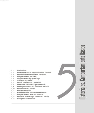 Materiales.
Comportamiento
Básico
5.1 Introducción
5.2 Materiales Elásticos y no Linealmente Elásticos
5.3 Propiedades Mecánicas de los Materiales
5.4 Comportamiento del Acero
5.5 Diagramas de Carga y Descarga
5.6 Aceros Estructurales
5.7 Perfiles Estructurales Comerciales
5.8 Conexiones Metálicas. Aspectos Básicos
5.9 Desempeño Sísmico de Conexiones Metálicas
5.10 Propiedades del Concreto
5.11 Concreto Reforzado
5.12 Hipótesis Básicas del Concreto Reforzado
5.13 Comportamiento Axial de Columnas
5.14 Modos de Falla de Vigas Sometidas a Flexión
5.15 Bibliografía Seleccionada
5
almanperez@gmail.com 26 Mar 2017
 