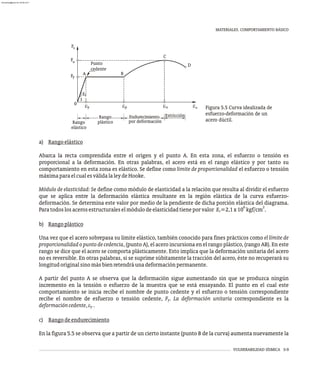 MATERIALES. COMPORTAMIENTO BÁSICO
VULNERABILIDAD SÍSMICA 5-9
a) Rangoelástico
Abarca la recta comprendida entre el origen y el punto A. En esta zona, el esfuerzo o tensión es
proporcional a la deformación. En otras palabras, el acero está en el rango elástico y por tanto su
comportamiento en esta zona es elástico. Se define como limite de proporcionalidad el esfuerzo o tensión
máximaparaelcualesválidalaleydeHooke.
Módulo de elasticidad: Se define como módulo de elasticidad a la relación que resulta al dividir el esfuerzo
que se aplica entre la deformación elástica resultante en la región elástica de la curva esfuerzo-
deformación. Se determina este valor por medio de la pendiente de dicha porción elástica del diagrama.
6 2
Paratodoslosacerosestructuraleselmódulodeelasticidadtieneporvalor E =2,1x10 kgf/cm .
s
b) Rangoplástico
Una vez que el acero sobrepasa su límite elástico, también conocido para fines prácticos como el límite de
proporcionalidadopuntodecedencia, (punto A), el acero incursiona en el rango plástico, (rango AB). En este
rango se dice que el acero se comporta plásticamente. Esto implica que la deformación unitaria del acero
no es reversible. En otras palabras, si se suprime súbitamente la tracción del acero, éste no recuperará su
longitudoriginalsinomásbienretendráunadeformaciónpermanente.
A partir del punto A se observa que la deformación sigue aumentando sin que se produzca ningún
incremento en la tensión o esfuerzo de la muestra que se está ensayando. El punto en el cual este
comportamiento se inicia recibe el nombre de punto cedente y el esfuerzo o tensión correspondiente
recibe el nombre de esfuerzo o tensión cedente, F . La deformación unitaria correspondiente es la
y
deformacióncedente,e .
y
c) Rangodeendurecimiento
En la figura 5.5 se observa que a partir de un cierto instante (punto B de la curva) aumenta nuevamente la
Rango
Rango
Estricción
Endurecimiento
por deformación
elástico
plástico
B
D
C
1
s
p
y u s
e
e e
e
Punto
cedente
E
A
0
u
y
s
F
F
F
Figura 5.5 Curva idealizada de
esfuerzo-deformación de un
acero dúctil.
almanperez@gmail.com 26 Mar 2017
 