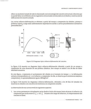VULNERABILIDAD SÍSMICA 5-29
MATERIALES. COMPORTAMIENTO BÁSICO
ofreceunexcelentetratadodetodolorelacionadoconlatecnologíadelconcretoestructural,obraéstaque
nopuedefaltarenlabibliotecadelosingenierosestructuralesinvolucradoseneldiseñoyconstrucciónde
edificacionesdeconcretoarmado.
Las curvas esfuerzo-deformación se obtienen a partir del ensayo a compresión de cilindros, prismas o
probetas sujetos a carga axial uniformemente repartida de acuerdo a ciertos procedimientos normativos
15
preestablecidos .
Figura 5.35 Diagrama típico esfuerzo-deformación del concreto.
La figura 5.35 muestra un diagrama típico esfuerzo-deformación obtenido a partir de un ensayo a
compresión de corta duración de una probeta cilíndrica. Este ensayo se realizó a los 28 días de haber
obtenidolamuestra.
En esta figura, a representa el acortamiento del cilindro en el instante de tiempo t, e la deformación
unitaria correspondiente y f es el esfuerzo a compresión. En ella, se observa que la resistencia máxima a
c 2
compresiónf´ esaproximadamenteiguala300kgf/cm .
c
La figura 5.36 muestra los diagramas esfuerzo-deformación, obtenidos a los 28 días de tomadas las
muestrasencilindrosconconcretosderesistenciaalacompresiónvariable.
Laobservacióndeesascurvasrevelalossiguientesaspectos:
1. Las curvas permanecen virtualmente rectas desde el inicio del ensayo hasta alcanzar el esfuerzo a la
compresión que oscila entre0,3 f´ y 0,5 f´ .Durante este rango de esfuerzos, el comportamiento del
c c
concretoeslineal.
L
15
cm
30 cm
P
P
P
P
Área=A
Falla
típica
a
100
200
300
400
0 0.003 0.004
0.001 0.002
Deformación unitaria e=a/L
2
f
=P/A
(kgf/cm)
c
almanperez@gmail.com 26 Mar 2017
 