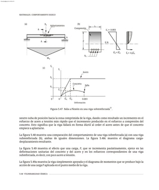 5-48 VULNERABILIDAD SÍSMICA
MATERIALES. COMPORTAMIENTO BÁSICO
E.N.
Compresión
(b)
d
b
e = 0.003
c
f = E e
s s s
e <e
s y
As
Aplastamiento
u
A
u
A
A
(a)
M
P
fs
fy
Fs
fc
fc
(c)
Deformación
Acero
Concreto
falla
0 0 es 0.003
ey
21
Figura 5.47 Falla a Flexión en una viga sobrereforzada .
neutro suba de posición hacia la zona comprimida de la viga, dando como resultado un incremento en el
esfuerzo de acero a tensión más rápido que el incremento producido en el esfuerzo a compresión del
concreto. Esto significa que la viga fallará en forma dúctil al ceder el acero antes de que el concreto
empieceaaplastarse.
La figura 5.48 muestra una comparación del comportamiento de una viga sobreforzada (a) con una viga
subrereforzada (b), ambas de iguales dimensiones. La figura 5.48c muestra el diagrama carga-
desplazamientoresultante.
La figura 5.49 muestra el efecto que una carga, P, que se incrementa paulatinamente, ejerce en las
deformaciones unitarias del concreto y del acero y en los esfuerzos correspondientes de una viga
subreforzada,esdecir,conpocoaceroatensión.
La figura 5.49a muestra la viga simplemente apoyada y el diagrama de momentos que se produce bajo la
accióndeunacargaPaplicadaenelpuntomediodelaviga.
almanperez@gmail.com 26 Mar 2017
 