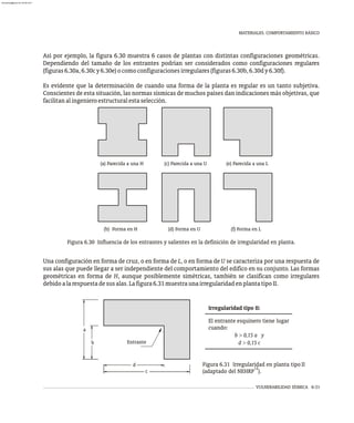 VULNERABILIDAD SÍSMICA 6-31
MATERIALES. COMPORTAMIENTO BÁSICO
Así por ejemplo, la figura 6.30 muestra 6 casos de plantas con distintas configuraciones geométricas.
Dependiendo del tamaño de los entrantes podrían ser considerados como configuraciones regulares
(figuras6.30a,6.30cy6.30e)ocomoconfiguracionesirregulares(figuras6.30b,6.30dy6.30f).
Es evidente que la determinación de cuando una forma de la planta es regular es un tanto subjetiva.
Conscientes de esta situación, las normas sísmicas de muchos países dan indicaciones más objetivas, que
facilitanalingenieroestructuralestaselección.
(a) Parecida a una H
(b) Forma en H
(c) Parecida a una U
(d) Forma en U
(e) Parecida a una L
(f) Forma en L
Figura 6.30 Influencia de los entrantes y salientes en la definición de irregularidad en planta.
Una configuración en forma de cruz, o en forma de L, o en forma de U se caracteriza por una respuesta de
sus alas que puede llegar a ser independiente del comportamiento del edifico en su conjunto. Las formas
geométricas en forma de H, aunque posiblemente simétricas, también se clasifican como irregulares
debidoalarespuestadesusalas.Lafigura6.31muestraunairregularidadenplantatipoII.
b
c
a
d
Entrante
Figura 6.31 Irregularidad en planta tipo II
12
(adaptado del NEHRP ).
Irregularidad tipo II:
El entrante esquinero tiene lugar
cuando:
b > 0,15 a y
d > 0,15 c
almanperez@gmail.com 26 Mar 2017
 