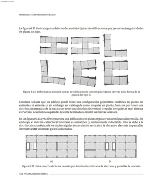 6-32 VULNERABILIDAD SÍSMICA
MATERIALES. COMPORTAMIENTO BÁSICO
La figura 6.32 ilustra algunas deformadas modales típicas de edificaciones que presentan irregularidades
enplantadeltipo.
Conviene señalar que un edificio puede tener una configuración geométrica simétrica en planta sin
entrantes ni salientes y sin embargo ser catalogada como irregular en planta, bien sea por tener una
distribución irregular de la masa o por tener una distribución vertical irregular de rigideces en el sistema
estructuraldecolumnasoparedesdecortedestinadasaresistirlasfuerzaslaterales.
En las figuras 6.33a y 6.33b se muestra una edificación con planta regular y una configuración sencilla. Sin
embargo, el sistema estructural mostrado es asimétrico, y sísmicamente vulnerable. Esto se debe a la
distribución asimétrica de los núcleos rígidos de circulación vertical y a la ubicación aleatoria de pantallas
interioresentrecolumnasy/oenlasfachadas.
Figura 6.32 Deformadas modales típicas de edificaciones con irregularidades severas en la forma de la
planta del tipo II.
(b)
(a)
Figura 6.33 Falsa simetría de forma causada por distribución arbitraría de aberturas y pantallas de concreto.
almanperez@gmail.com 26 Mar 2017
 