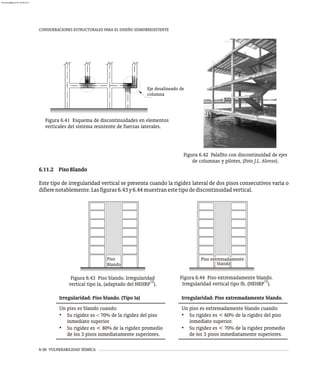 6-36 VULNERABILIDAD SÍSMICA
CONSIDERACIONES ESTRUCTURALES PARA EL DISEÑO SISMORRESISTENTE
Eje desalineado de
columna
Figura 6.41 Esquema de discontinuidades en elementos
verticales del sistema resistente de fuerzas laterales.
Figura 6.42 Palafito con discontinuidad de ejes
de columnas y pilotes, (Foto J.L. Alonso).
6.11.2 PisoBlando
Este tipo de irregularidad vertical se presenta cuando la rigidez lateral de dos pisos consecutivos varía o
difierenotablemente.Lasfiguras6.43y6.44muestranestetipodediscontinuidadvertical.
Piso
Blando
Figura 6.43 Piso blando. Irregularidad
12
vertical tipo Ia, (adaptado del NEHRP ).
Piso extremadamente
blando
Figura 6.44 Piso extremadamente blando.
12
Irregularidad vertical tipo Ib, (NEHRP ).
Irregularidad: Piso blando. (Tipo Ia)
Un piso es blando cuando:
• Su rigidez es < 70% de la rigidez del piso
inmediato superior
• Su rigidez es < 80% de la rigidez promedio
de los 3 pisos inmediatamente superiores.
Irregularidad: Piso extremadamente blando.
Un piso es extremadamente blando cuando:
• Su rigidez es < 60% de la rigidez del piso
inmediato superior.
• Su rigidez es < 70% de la rigidez promedio
de los 3 pisos inmediatamente superiores.
almanperez@gmail.com 26 Mar 2017
 