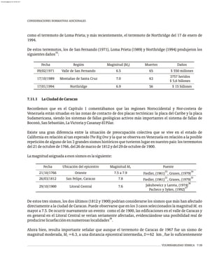 CONSIDERACIONES NORMATIVAS ADICIONALES
como el terremoto de Loma Prieta; y más recientemente, el terremoto de Northridge del 17 de enero de
1994.
De estos terremotos, los de San Fernando (1971), Loma Prieta (1989) y Northridge (1994) produjeron los
32
siguientesdaños :
Fecha Región Maginitud (M )
s Daños
Muertes
09/02/1971 Valle de San Fernando 6.5 $ 550 millones
65
17/10/1989 Montañas de Santa Cruz 7.0
3757 heridos
$ 5,6 billones
63
17/01/1994 Northridge 6.9 $ 15 billones
56
7.11.1 LaCiudaddeCaracas
Recordemos que en el Capítulo 1 comentábamos que las regiones Noroccidental y Nor-costera de
Venezuela están situadas en las zonas de contacto de dos placas tectónicas: la placa del Caribe y la placa
Sudamericana, siendo los sistemas de fallas geológicas activos más importantes el sistema de fallas de
Boconó,SanSebastián,LaVictoriayCasanay-ElPilar.
Existe una gran diferencia entre la situación de preocupación colectiva que se vive en el estado de
California en relación al tan esperado The Big One y la que se observa en Venezuela en relación a la posible
repetición de alguno de los 3 grandes sismos históricos que tuvieron lugar en nuestro país: los terremotos
del21deoctubrede1766,del26demarzode1812ydel29deoctubrede1900.
Lamagnitudasignadaaesossismoseslasiguiente:
Fecha Ubicación del epicentro Maginitud Ms Fuente
21/10/1766 Oriente 7.5 a 7.9
26/03/1812 San Felipe, Caracas 7.8
29/10/1900 Litoral Central 7.6
33 34
Fiedler, (1961) , Grases, (1979)
33 35
Fiedler, (1961) , Grases, (1979)
36
Jakubowicz y Larota, (1974)
37
Pacheco y Sykes, (1992)
VULNERABILIDAD SÍSMICA 7-39
De estos tres sismos, los dos últimos (1812 y 1900) podrían considerarse los sismos que más han afectado
directamente a la ciudad de Caracas. Puede observarse que en los 3 casos seleccionados la magnitud M es
s
mayor a 7.5. De ocurrir nuevamente un evento como el de 1900, las edificaciones en el valle de Caracas y
en general en el Litoral Central se verían seriamente afectadas, evidenciándose una posibilidad real de
38
producirselicuefacciónennumerosaslocalidades .
Ahora bien, resulta importante señalar que aunque el terremoto de Caracas de 1967 fue un sismo de
magnitud moderada, M =6.3, a una distancia epicentral intermedia, D=62 km , fue lo suficientemente
L
almanperez@gmail.com 26 Mar 2017
 