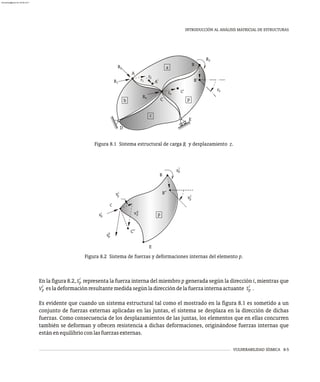 VULNERABILIDAD SÍSMICA 8-5
v
B''
B
C
C''
vi
v
i
s
s
s
p
p
k
p
p
k
p
p
j
j
p
E
Figura 8.2 Sistema de fuerzas y deformaciones internas del elemento p.
INTRODUCCIÓN AL ANÁLISIS MATRICIAL DE ESTRUCTURAS
r
A
A' B'
B
C
C' 3
b
a
c
p
Rn
n
r
3
R
1
r
r2
D
E
R2
R1
i
En la figura 8.2, S representa la fuerza interna del miembro p generada según la dirección i, mientras que
p
i i
V esladeformaciónresultantemedidasegúnladireccióndelafuerzainternaactuante S .
p p
Es evidente que cuando un sistema estructural tal como el mostrado en la figura 8.1 es sometido a un
conjunto de fuerzas externas aplicadas en las juntas, el sistema se desplaza en la dirección de dichas
fuerzas. Como consecuencia de los desplazamientos de las juntas, los elementos que en ellas concurren
también se deforman y ofrecen resistencia a dichas deformaciones, originándose fuerzas internas que
estánenequilibrioconlasfuerzasexternas.
Figura 8.1 Sistema estructural de carga R y desplazamiento r.
almanperez@gmail.com 26 Mar 2017
 